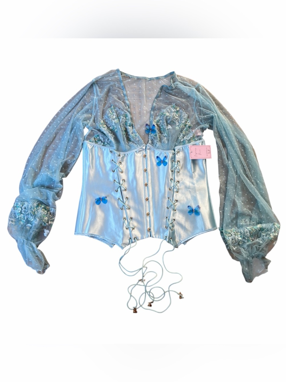 Empress Mimi Madame X Blue Butterfly Lace Corset XXL NWT Sheer Polka Dot Sleeves - Picture 4 of 15